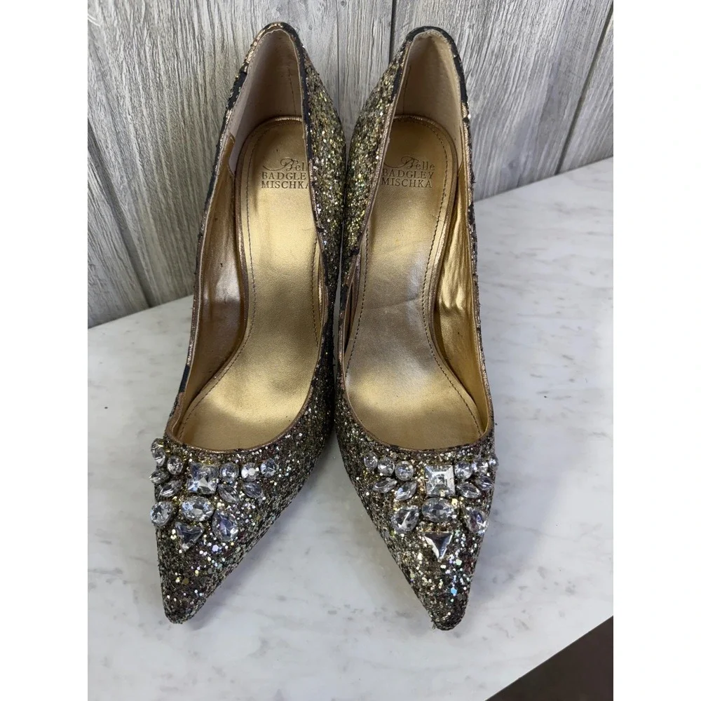 Belle Badgley Mischka Womens Gold Glitter Crystal Embellished Pumps Heels 8.5